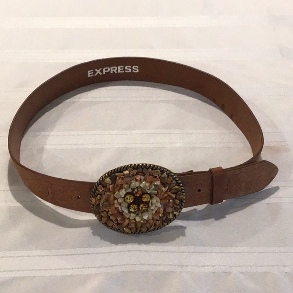 Express women flower embossed leather belt western gemstone brass buckle size M
